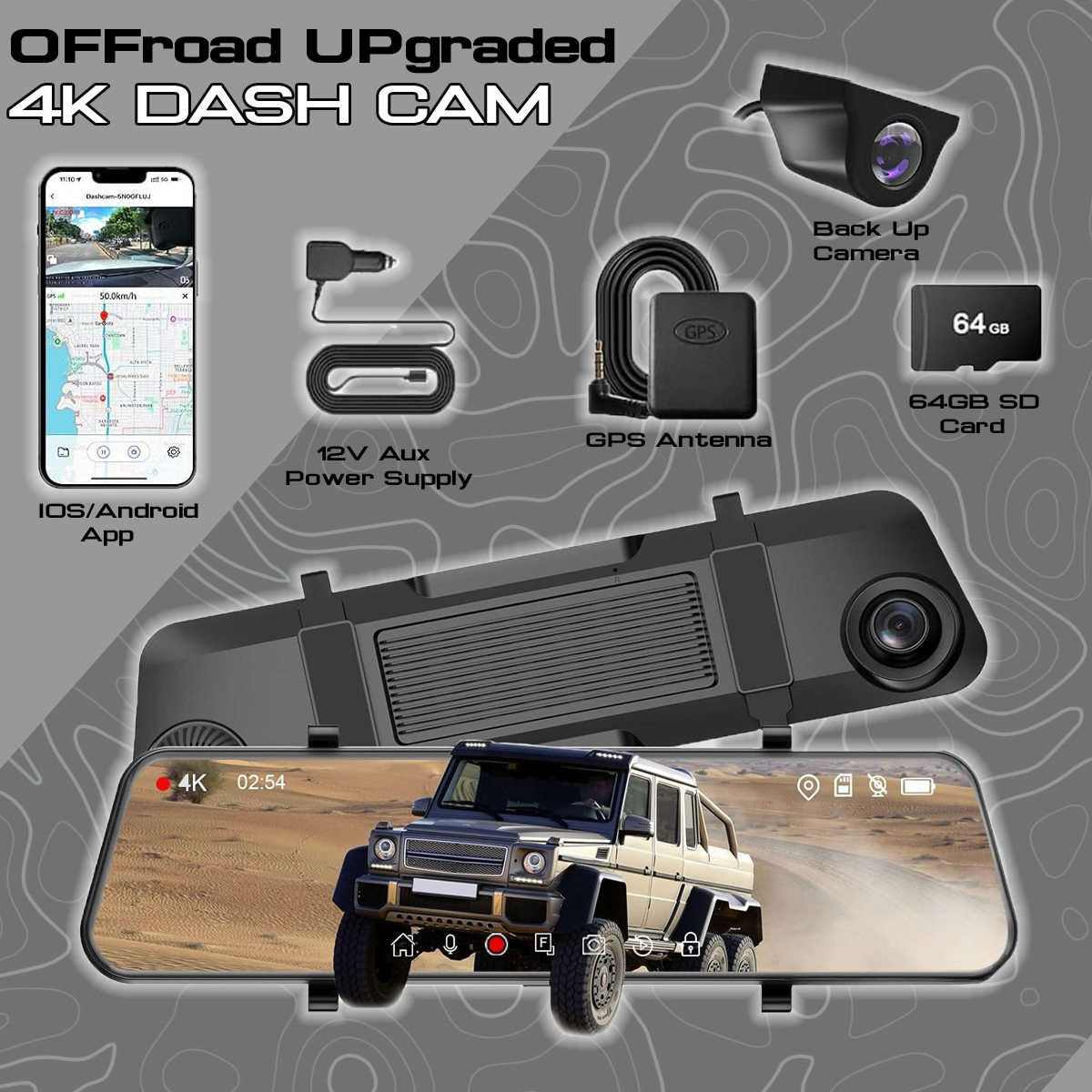 OffroadUp  12-inch 4K Smart Rearview Mirror Dash Camera System